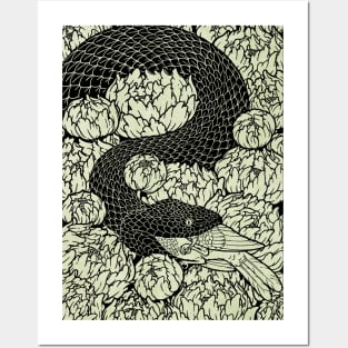 Serpent, Bird, and Peonies Posters and Art